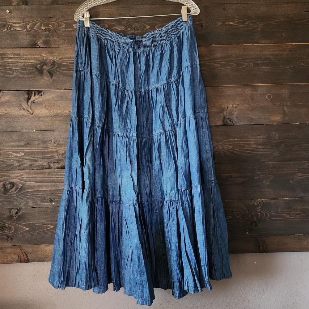 Vtg Tiered Denim Maxi Skirt Women's XL Western Cowgirl Gypsy Boho Jeans - Picture 3 of 9